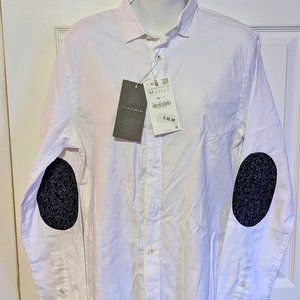 Zara Men Slim Fit White Long Sleeve Shirt With Decorative Elbow Patches